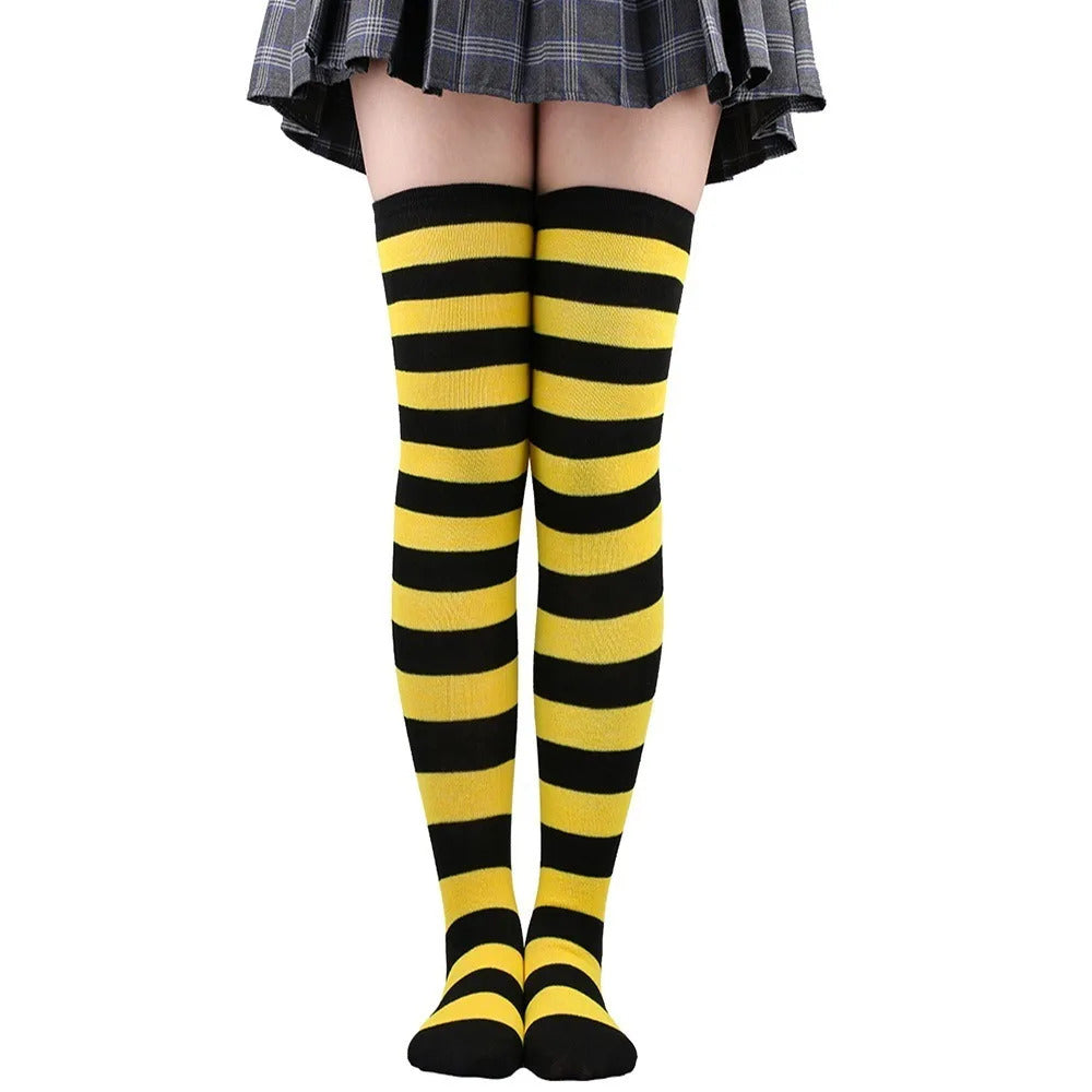 Color Striped Stockings Japanese Over Knee Socks Fashion Women Keep Warm Soks Sexy Slim Long Soks Black White Striped Hosiery