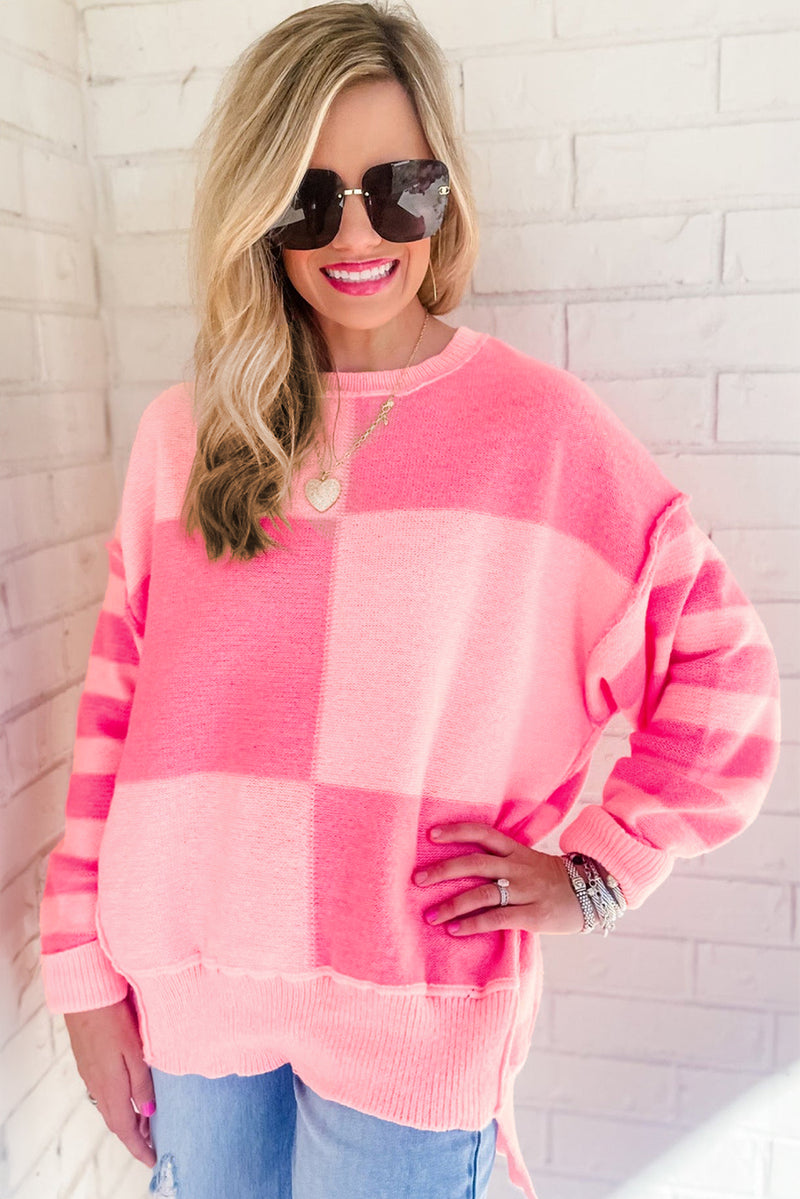 Pink Checkered Colorblock Striped High Low Loose Sweater