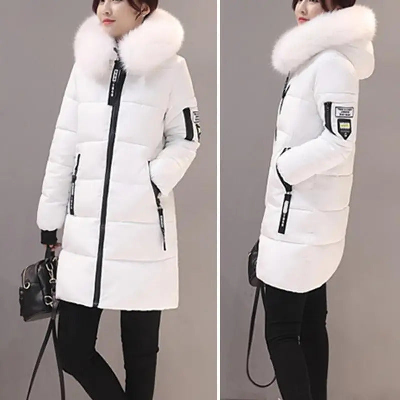 2024 New Winter Coat Women's Jacket Fur Neckline Long Basic Coats Thick Jackets Cotton Padded Outerwear Parkas Female Clothes