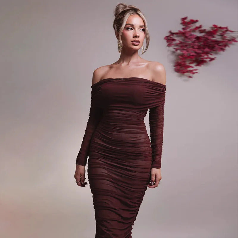 Mozision Off-shoulder Long Sleeve Sexy Maxi Dress For Women Autumn New Strapless Backless Bodycon Ruched Party Long Dress