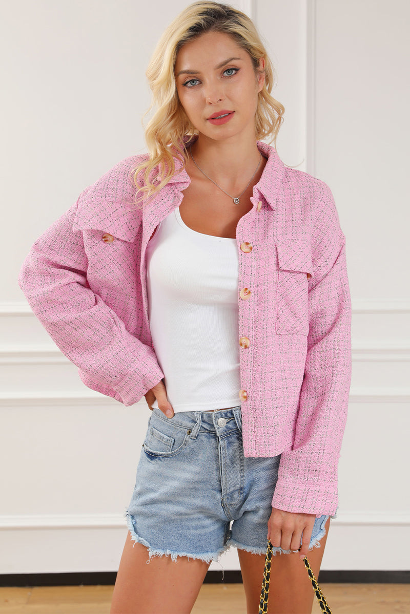 Pink Plaid Tweed Button Up Shacket