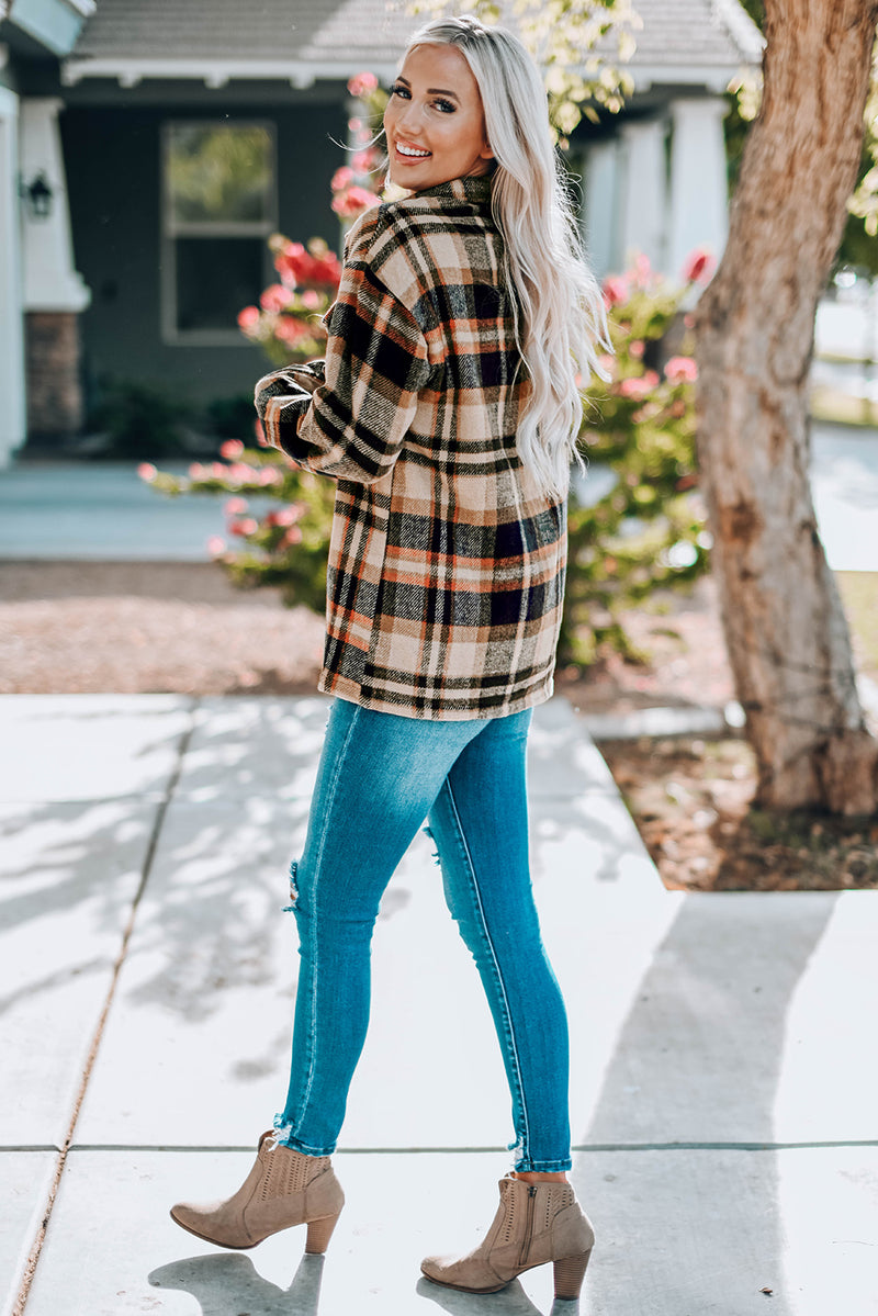 Blue Geometric Plaid Print Pocketed Shacket