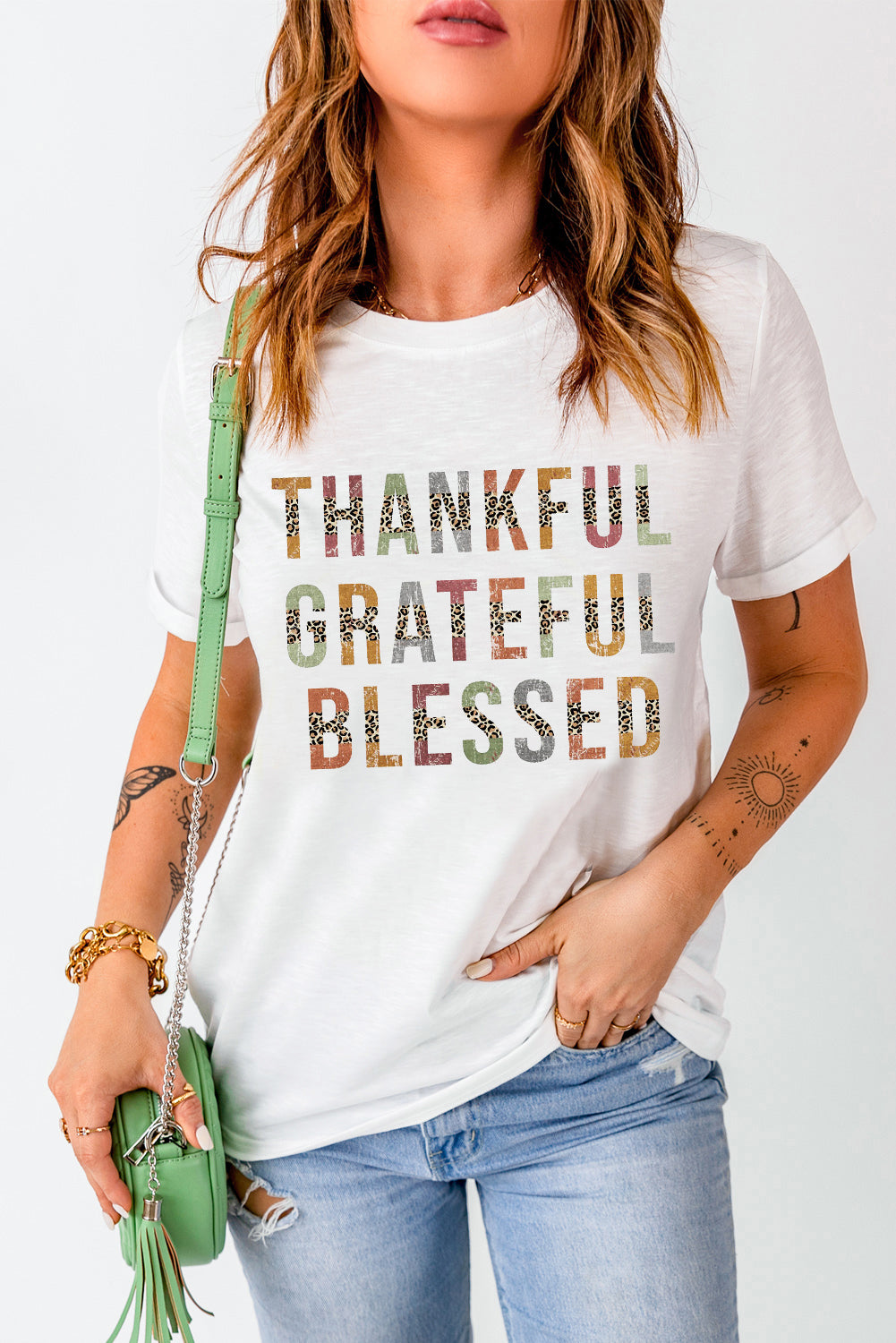 White Leopard Patchwork Thankful Grateful Blessed Graphic T Shirt