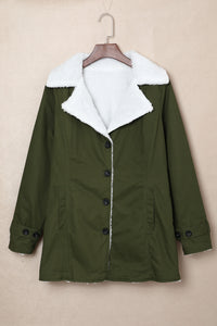 Green Gray Lapel Collar Button Fleece Jacket