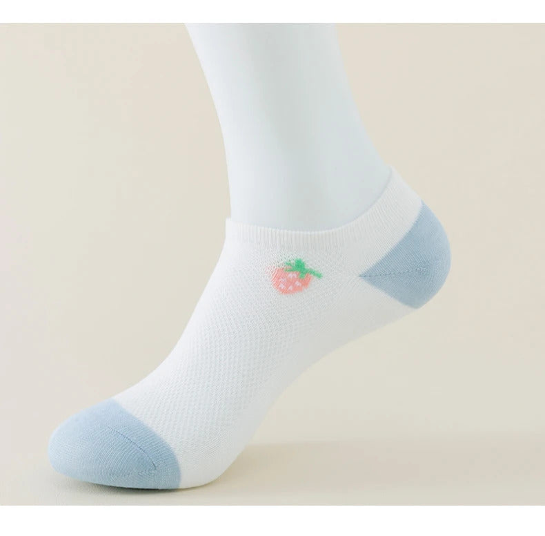 5 Pairs of WOMEN'S Summer Thin Socks, Sweet, Cute, Breathable, Mesh Comfortable, Strawberry Pattern, Small Floral Fragments