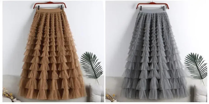 Medium-length Wire Mesh Spliced Cake Skirt 2023 Spring Summer Autumn/winter New Style A- line Long Dress Puffy Dress