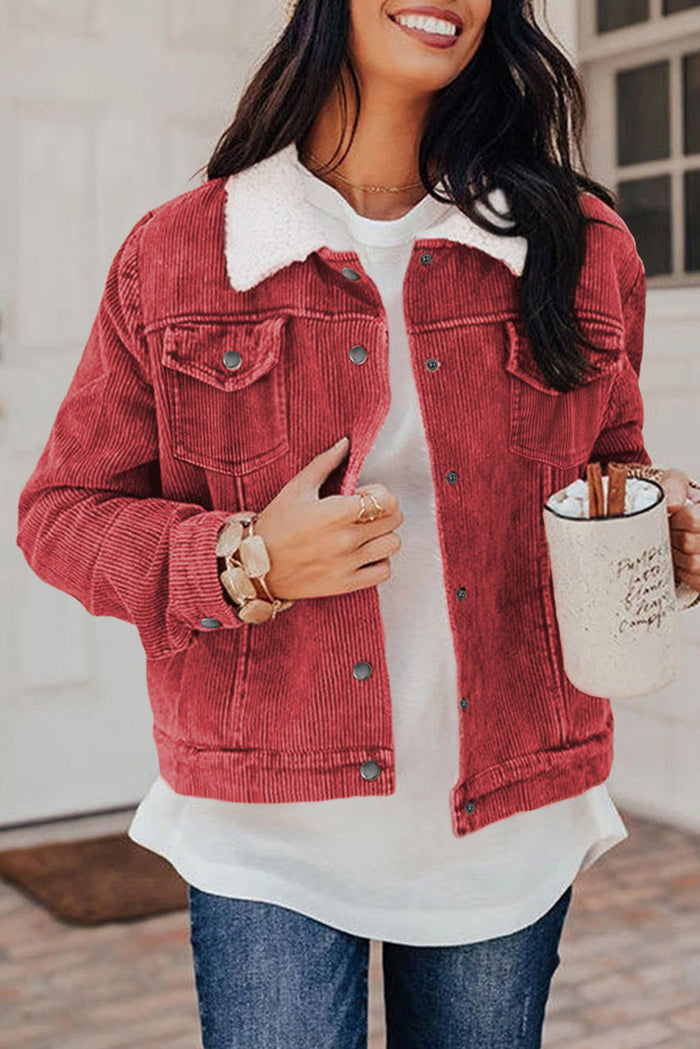 Fiery Red Corduroy Sherpa Snap Button Flap Jacket