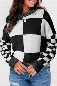 Medium Grey Checkered Print Drop Shoulder Sweater