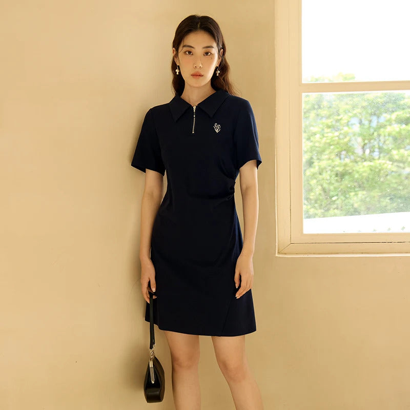 DUSHU Polo Dress Cotton Summer Long Women T Shirt Dress A-LINE Skirts Pleated Design Knee-Length Dress 24DS82109+24DS82316