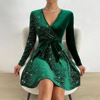 Women's Sexy V-Neck Sequin Glitter Belt Mini Dress Party Dresses Fashion Hot Sale Solid Elegant  Velvet Long Sleeve Dresses