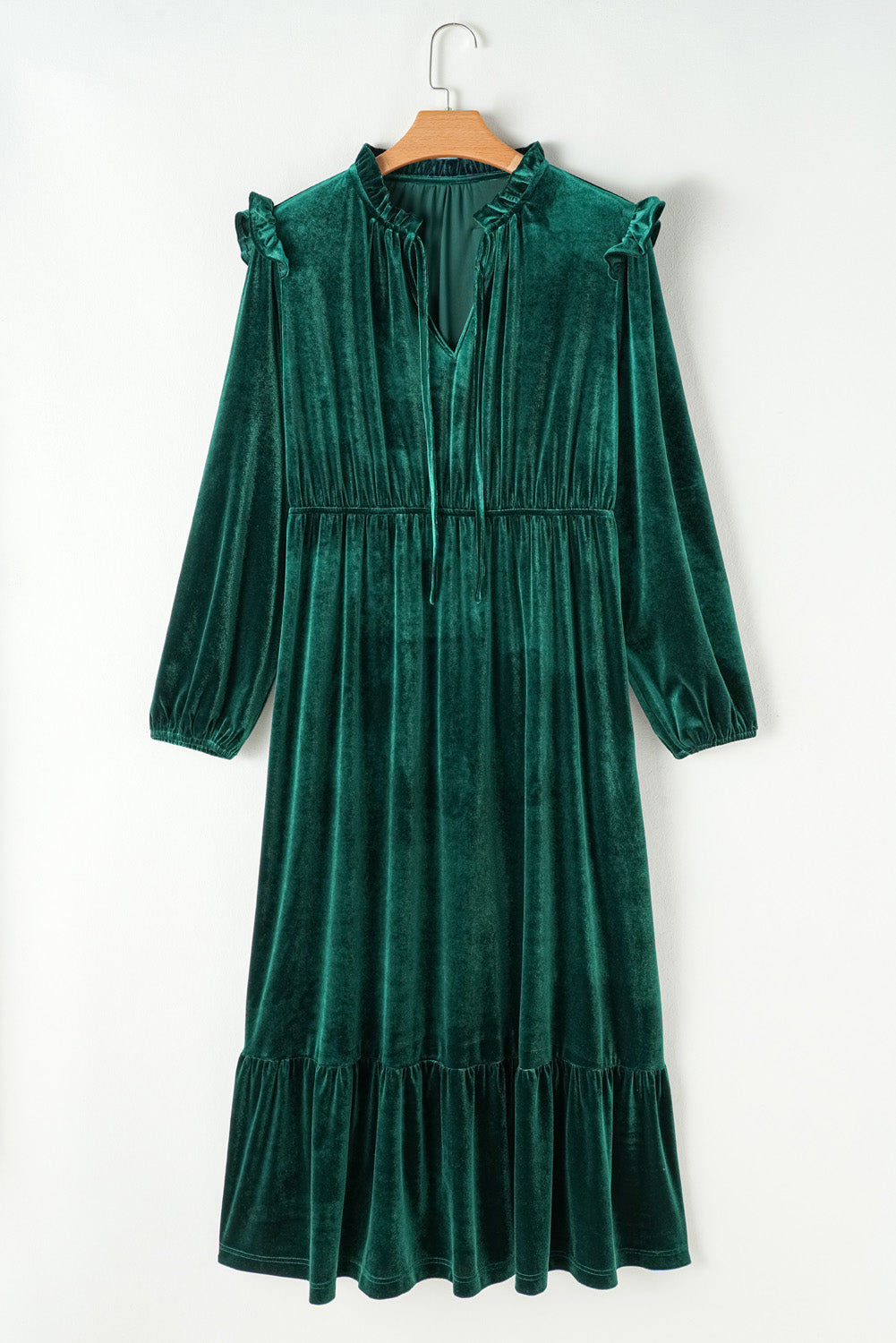 Blackish Green Velvet Frilled up Neck Ruffled High Waist Plus Size Midi Dress