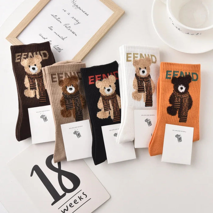 Spring Autumn Winter Cartoon Women'S Socks Cotton Mid-Tube Cute Bear Print Trend Short Socks Comfortable Breathable Sports Socks