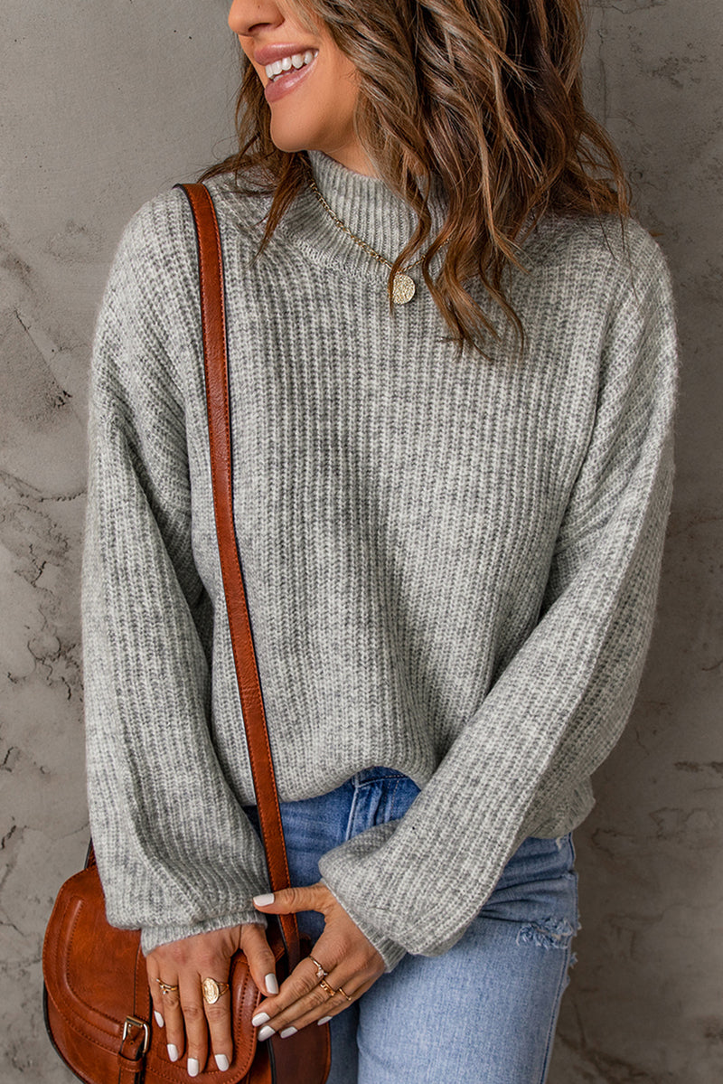 Gray High Neck Drop Shoulder Plain Sweater