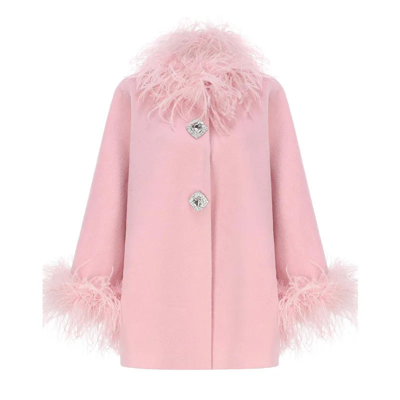 Elegant Feather Collar Cape Coats For Women Casual Solid Single Breasted Jackets Lady Autumn Chic Loose High Street Outwear Tops