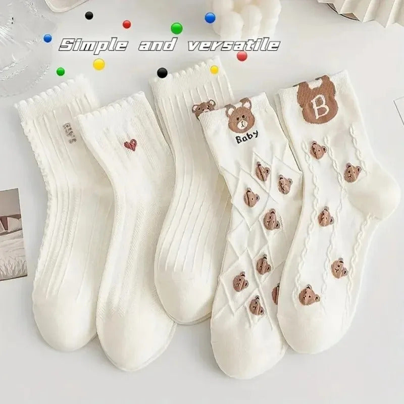 5 Pairs Women's Comfortable Patriotic Mid Calf Socks Cotton Blend, Breathable, Chic Knit Stripe/Star Pattern