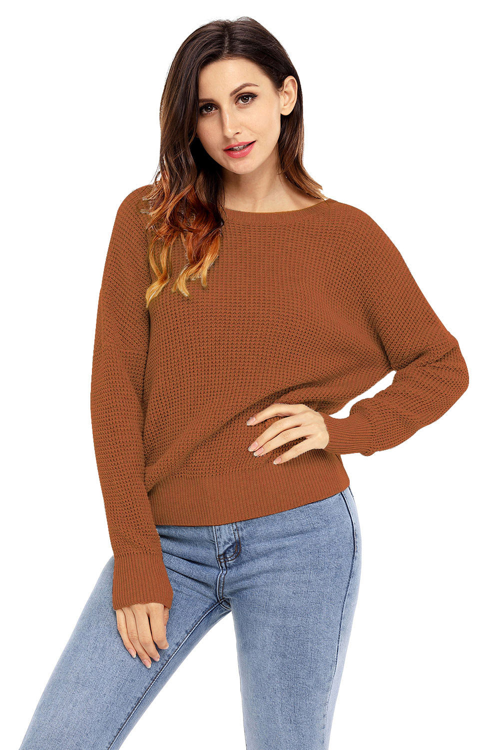 Brown Cross Back Hollow-out Sweater