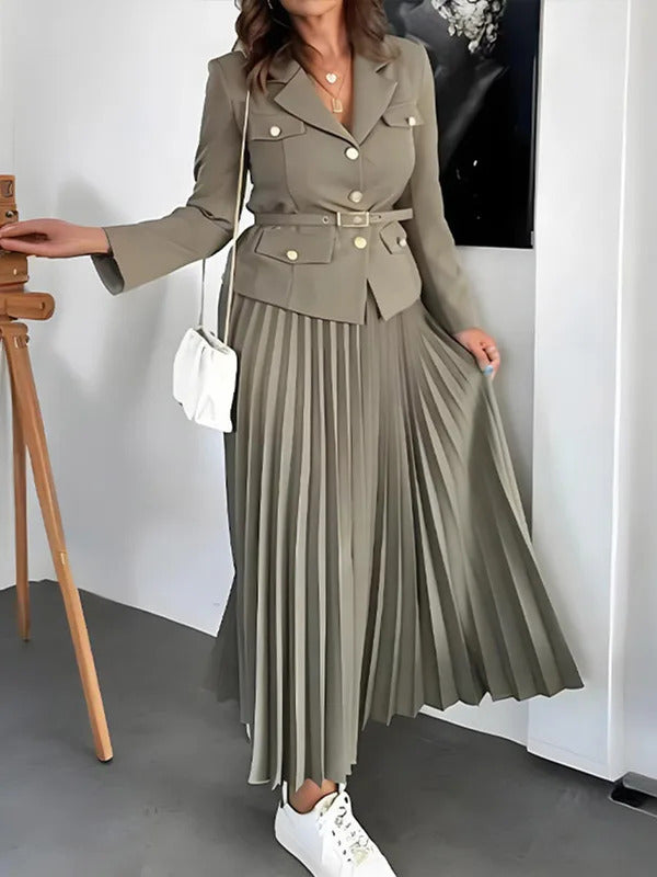 Elegant Women's Two Pieces Set Single-breasted Lapel Large Size Coat Belt Pleated Midi Skirt Suit 2025 Lady New In Matching Sets