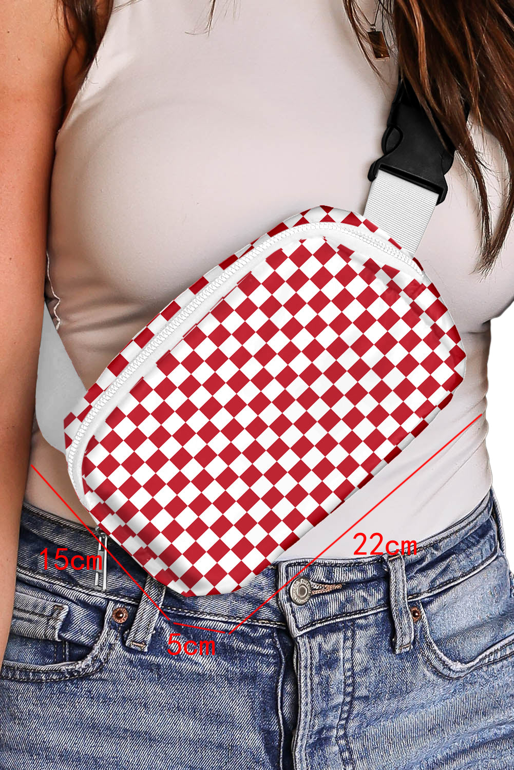 Fiery Red Checkered Print Zipped Buckle Strap Crossbody Bag