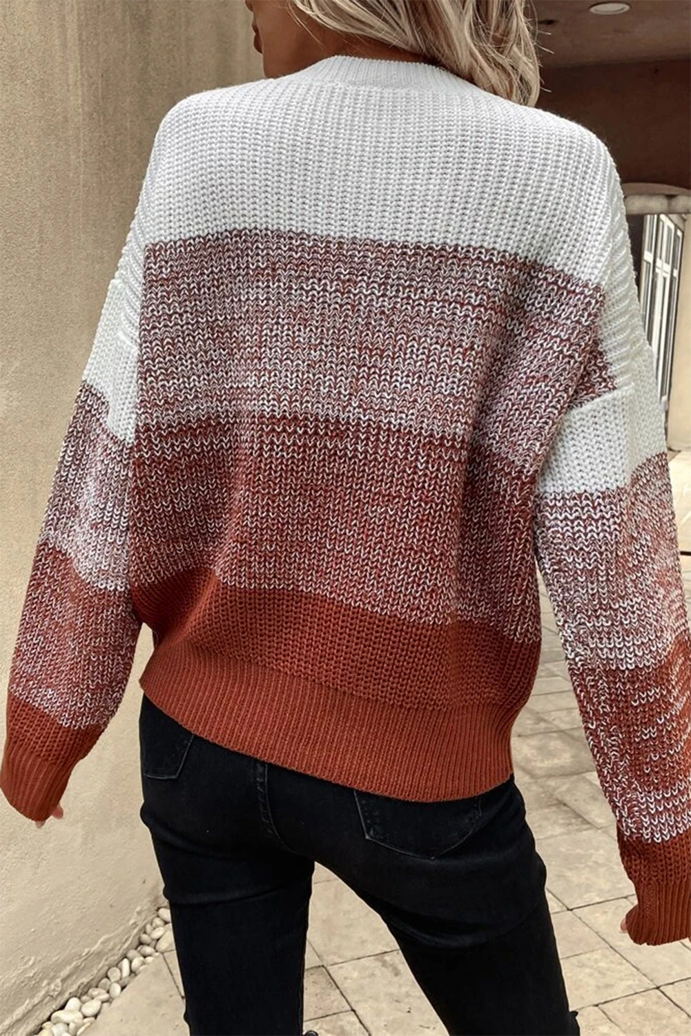 Orange Color Block Drop Shoulder Ribbed Trim Sweater