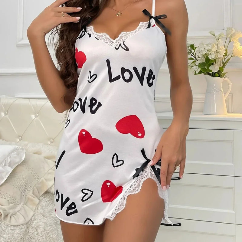 Women Sleepwear Nightgown Sexy Lingerie Love Printed Halter Backless Mini Dress Casual Pajamas Sleepshirts Nighties