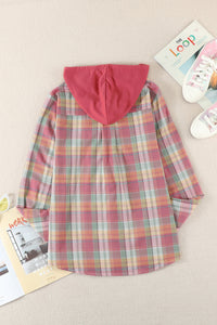 Red Drawstring Plaid Hooded Shacket