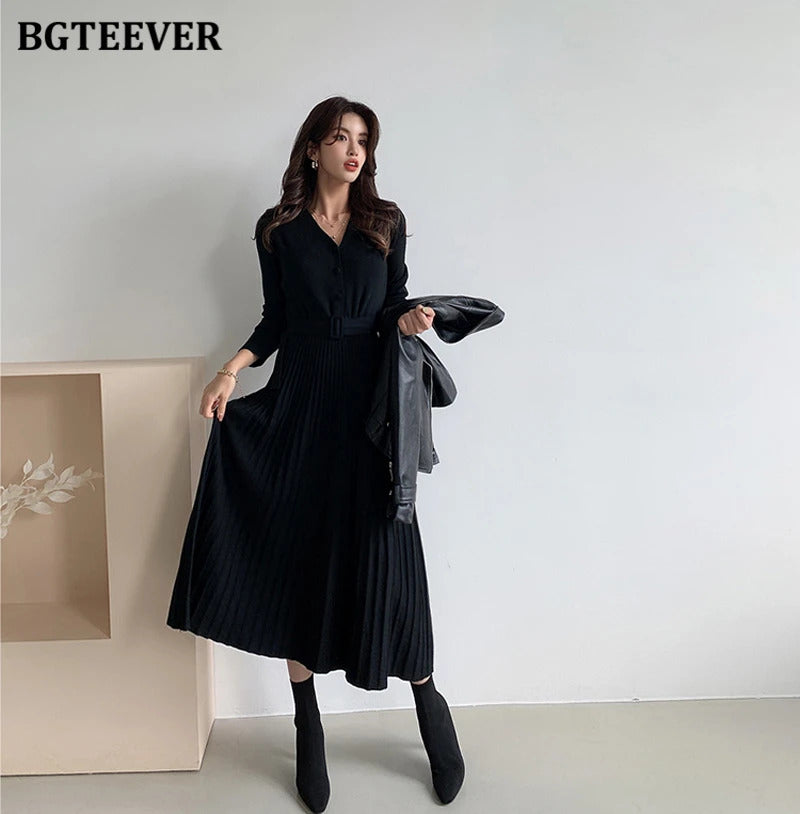 BGTEEVER Elegant V-neck Single-breasted Women Thicken Sweater Dress 2021 Autumn Winter Knitted Belted Female A-line soft dresses