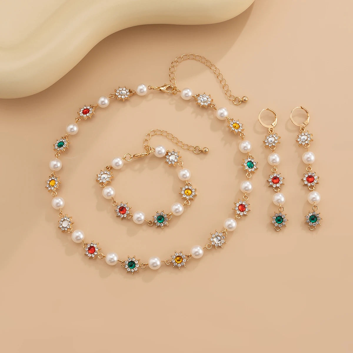 SHIXIN Luxury Shinny Colorful Rhinestone Short Necklace Bracelet Earrings Women Imitation Pearl Choker Christmases Jewelry Set