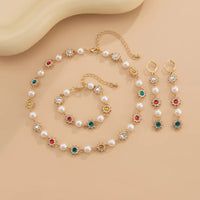 SHIXIN Luxury Shinny Colorful Rhinestone Short Necklace Bracelet Earrings Women Imitation Pearl Choker Christmases Jewelry Set