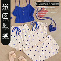 Three Piece Printed Vest Shorts and Bow Drawstring Pants Casual Women's Cute Heart-Shaped Print Paired with Home Pajamas Set