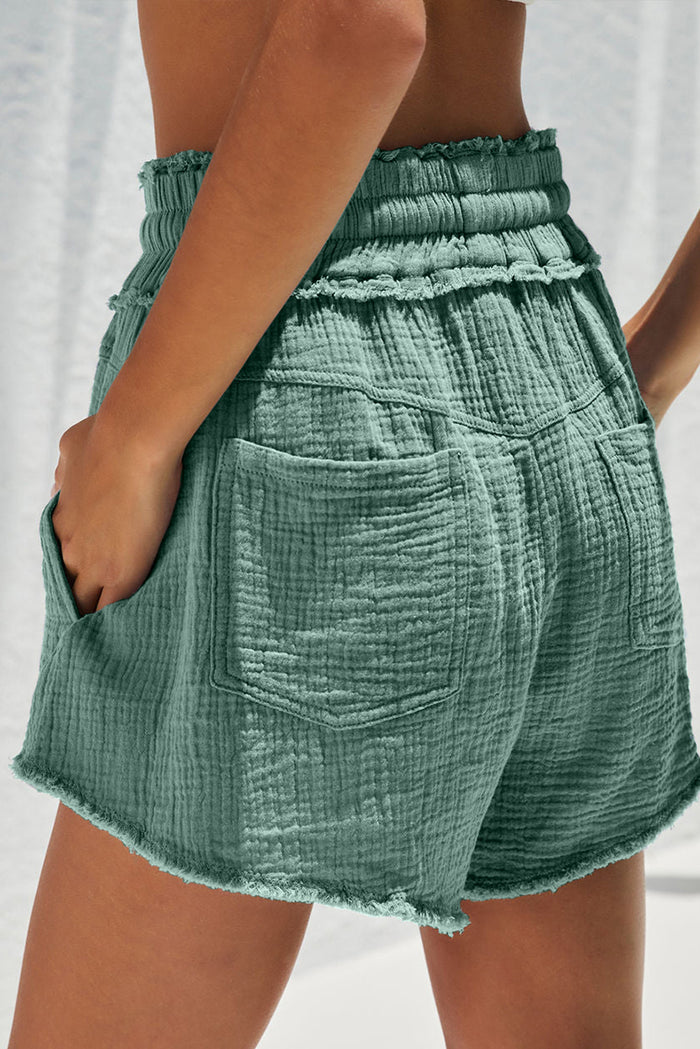 Mist Green Crinkled Raw Edge Casual Shorts