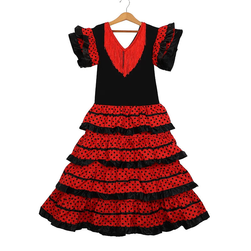 Dress Women 2024 Europe America Short Sleeve Midi Dress Traditional Spanish Dance Dress For Girls Festival Tassel Dot Dress