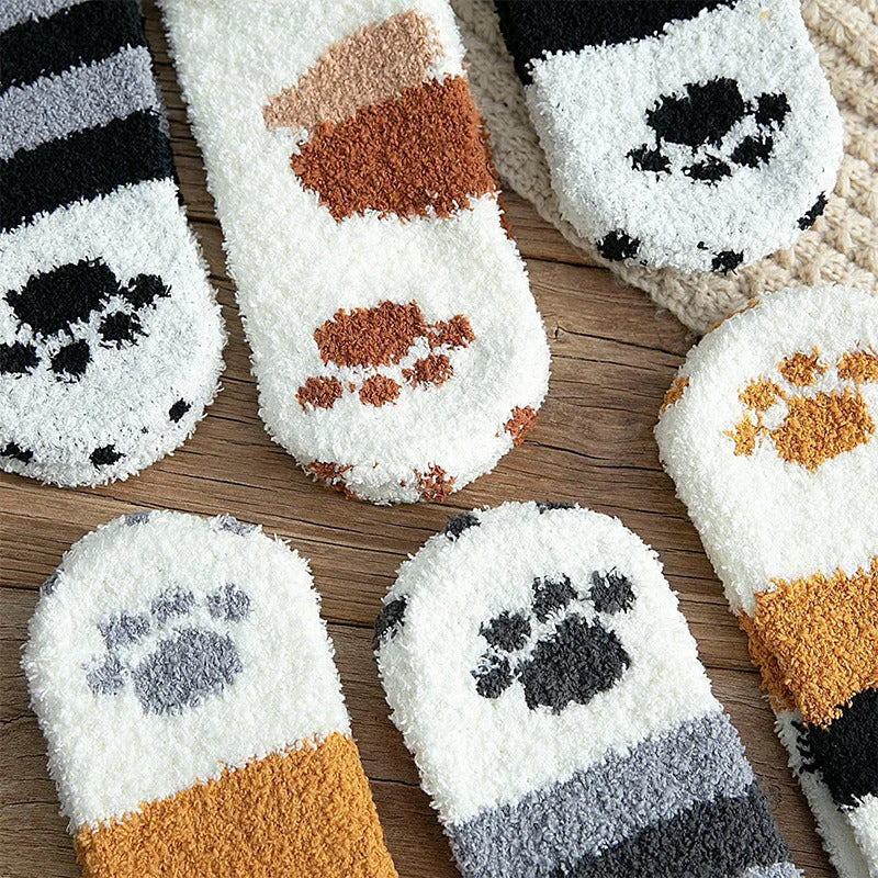 Plush Winter Funny Cute Style Animal Cat Paw Cartoon Pattern Women Cotton Socks Super Soft For Female House Sleeping Floor Sox