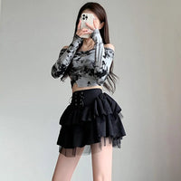 Women's Summer Y2k Multi-Layered Mesh Cake Skirt High Waisted Mesh Lace Patchwork Lace Up JK Skirt Fluffy Cake Skirt Black