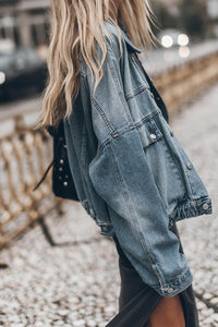 Black Metal Buttons Flap Pocket Drop Shoulder Denim Jacket