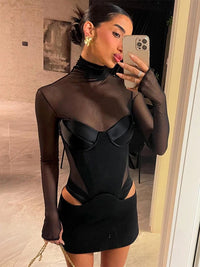 Sexy Mesh Turtleneck Long Sleeve Satin Cut Out Mini Dress Women Pullover Bodycon Short Club Evening Dresses Fashion Party Wear