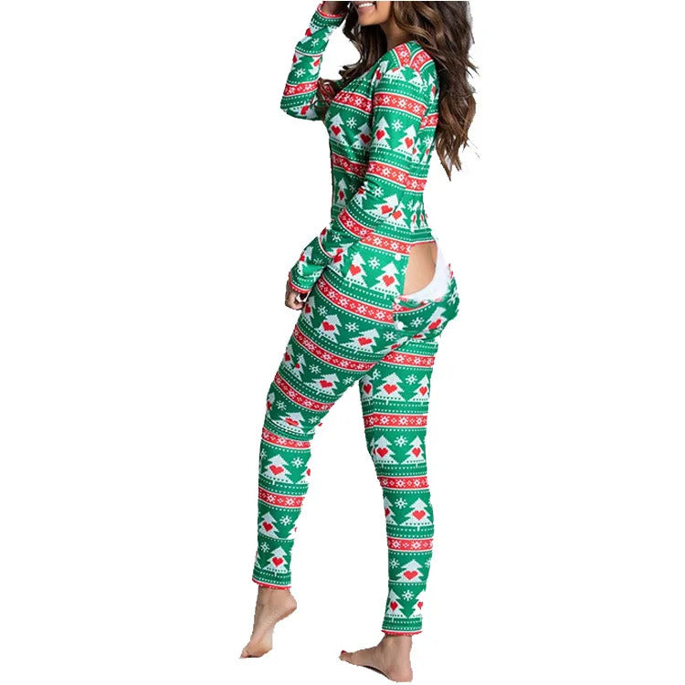 Sexy Pyjama Women's Jumpsuit Suit Button-down Front Back Butt Bum open Ass Flap Jumpsuit Loungewear Christmas Print Buttoned