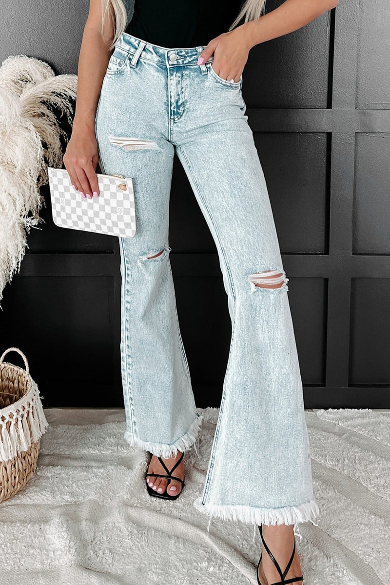 Sky Blue Distressed Acid Wash Flare Jeans