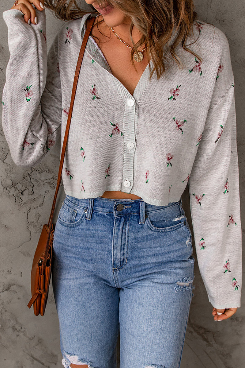 Gray Floral Cropped Sweater Cardigan