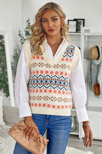 Sky Blue Tribal Print V Neck Knitted Sweater Vest