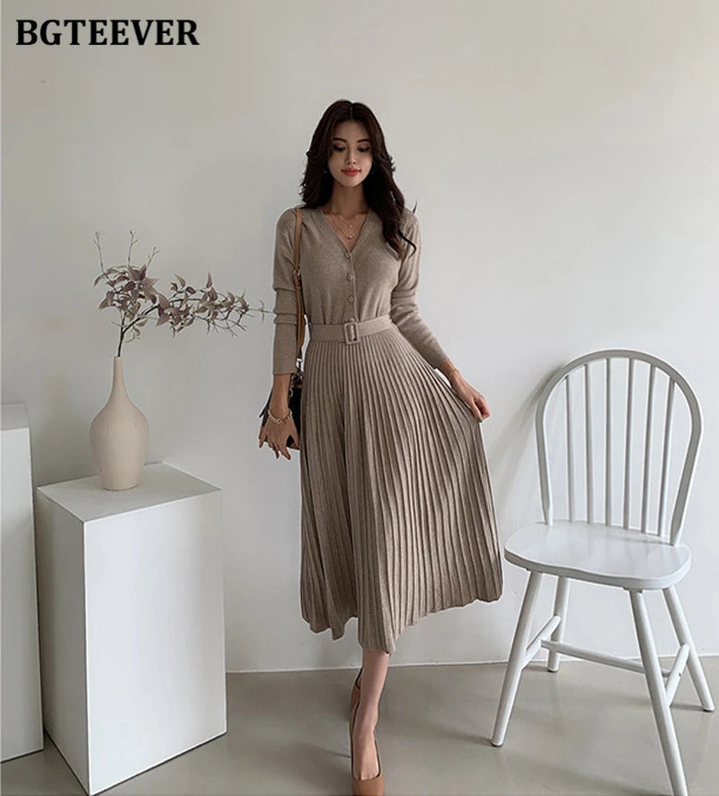 BGTEEVER Elegant V-neck Single-breasted Women Thicken Sweater Dress 2021 Autumn Winter Knitted Belted Female A-line soft dresses