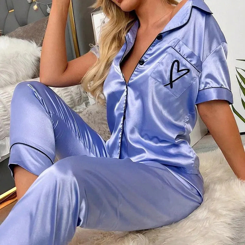 Women's Pajama Pocket Heart Embroidered Pajama Set Satin Comfortable Short Sleeve Button Pajama Lounge Pant For Women Sleepwear