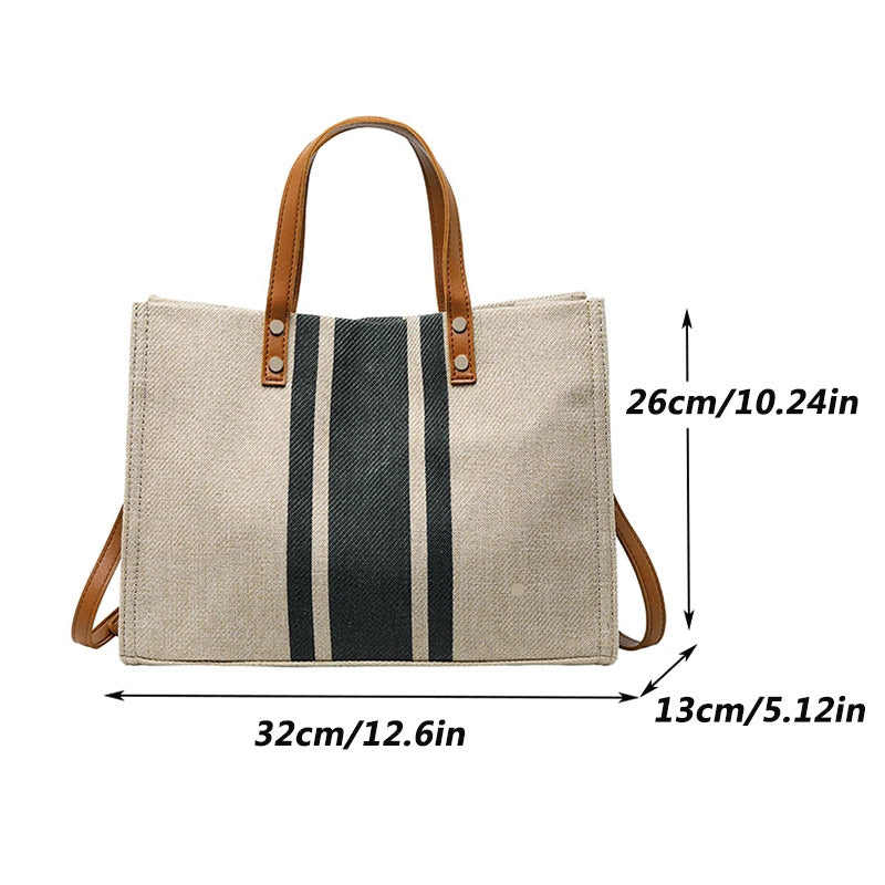 Simple Canvas Stripe Decor Bucket Handbags Women Top Handle Tote Bag Large Capacity Casual Shoulder Crossbody Bags