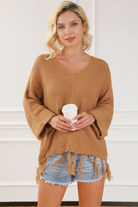 Camel Tasseled Hem Knit Baggy Sweater