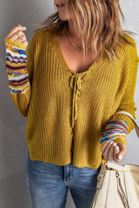 Yellow Lace up V Neck Knit Sweater