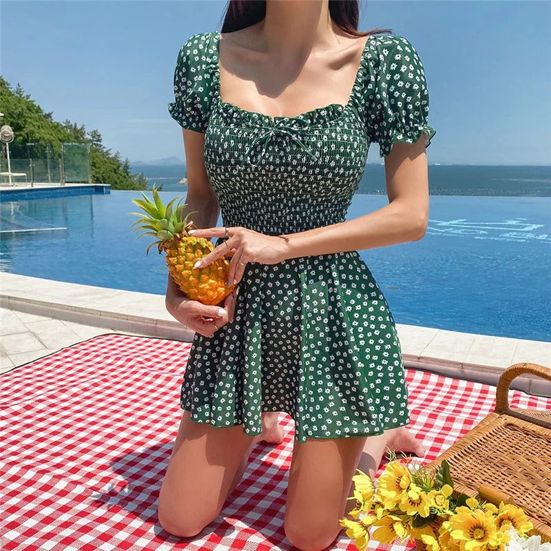 2024 Women One Piece Swimsuit Korean Ruffle Skirt Floral Print Beach Wear Bathing Suit Female Monokini Padded Swimming Dress