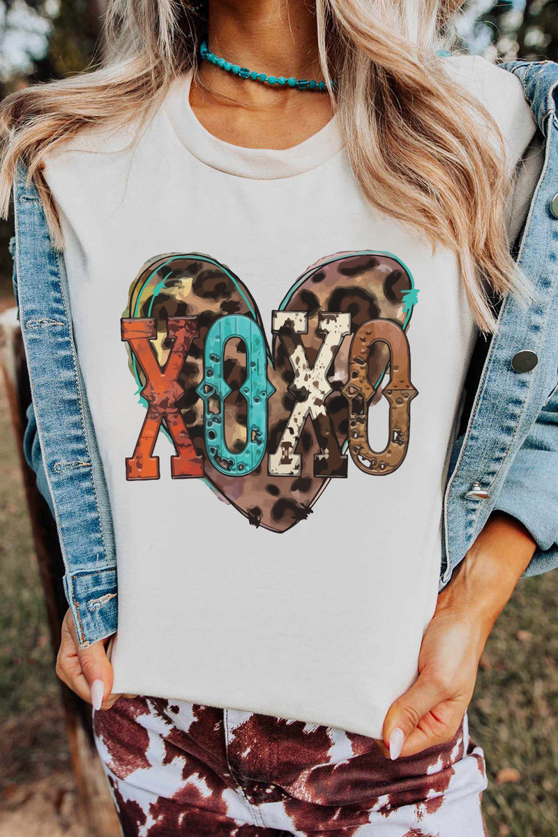 White XOXO Heart Shaped Crew Neck Graphic Tee