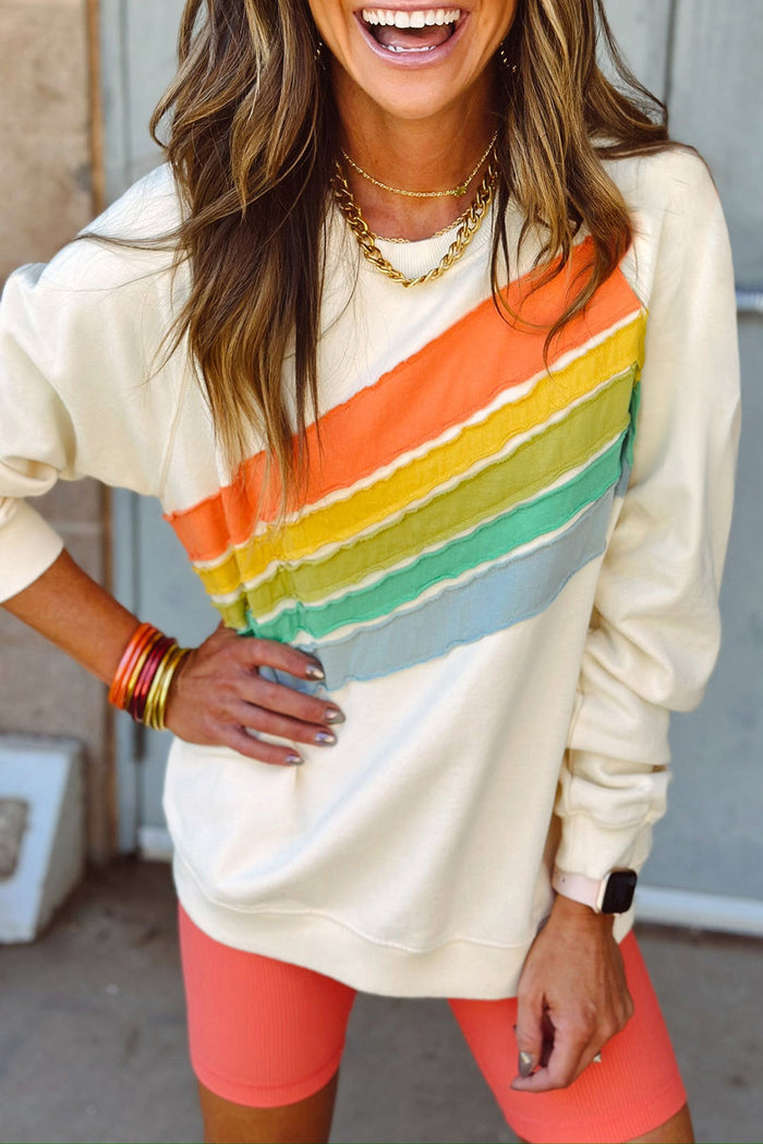 Apricot Rainbow Colorblock Striped Pullover Sweatshirt