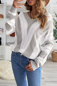 Gray Striped Colorblock V Neck Knitted Sweater