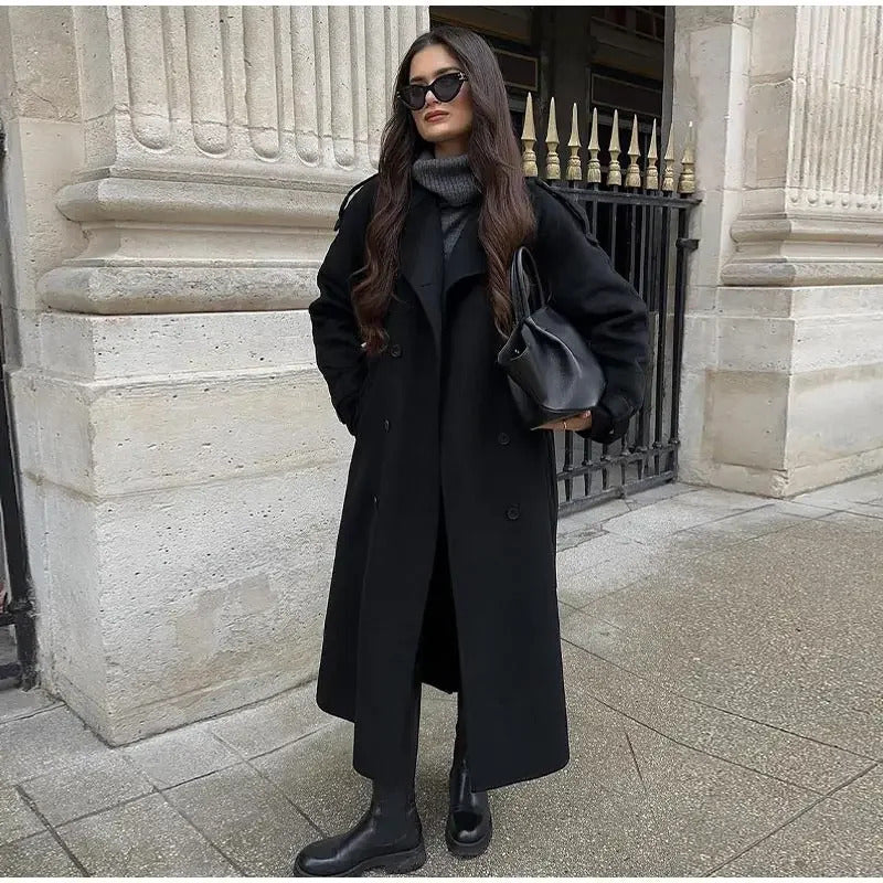 Elegant With Belt Black Long Coat For Women Oversize Woolen Double Button Lapel Overcoat Autumn New Lady High Street Outerwear