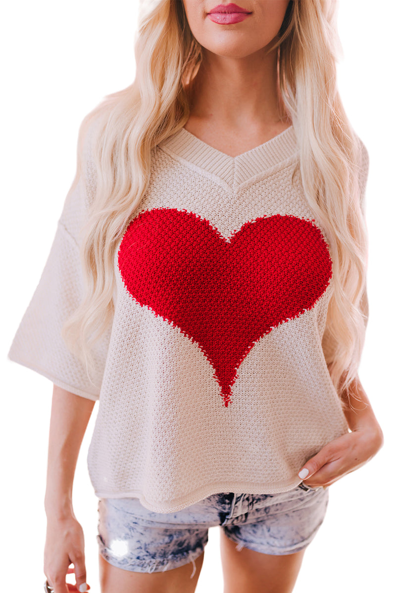 Beige V-neck Dropped Sleeve Heart Print Slouchy Shift Sweaters